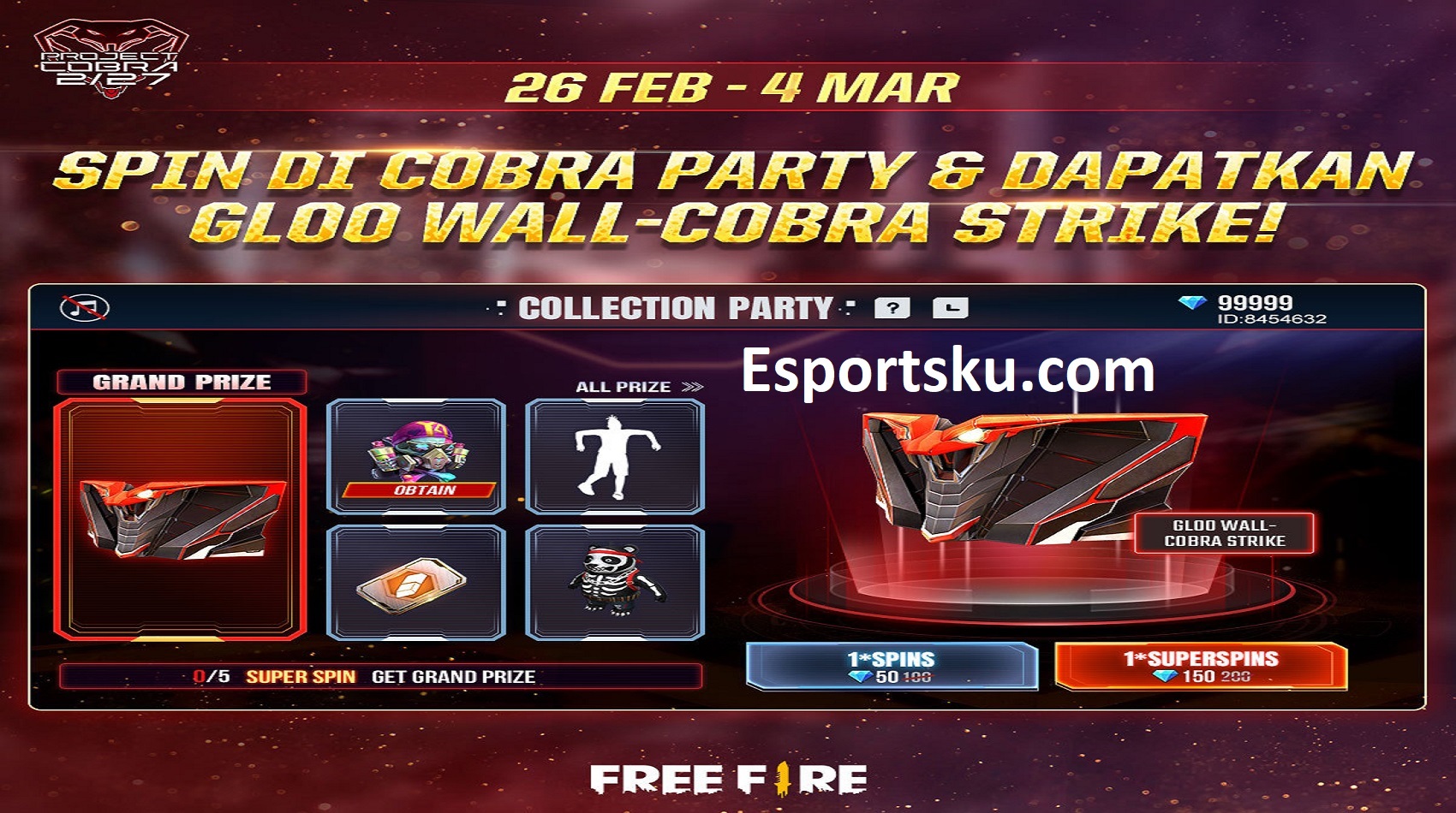 Cara Mendapatkan Skin Gloo Wall Cobra Free Fire FF Esportsku