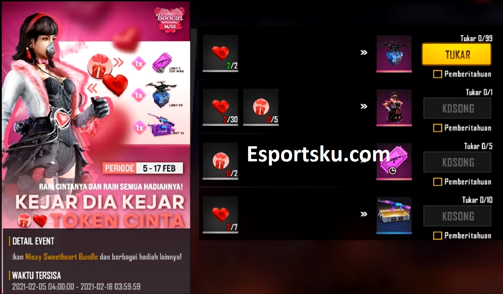 Cara Mendapatkan Bundle Missy Sweetheart Free Fire FF Esportsku