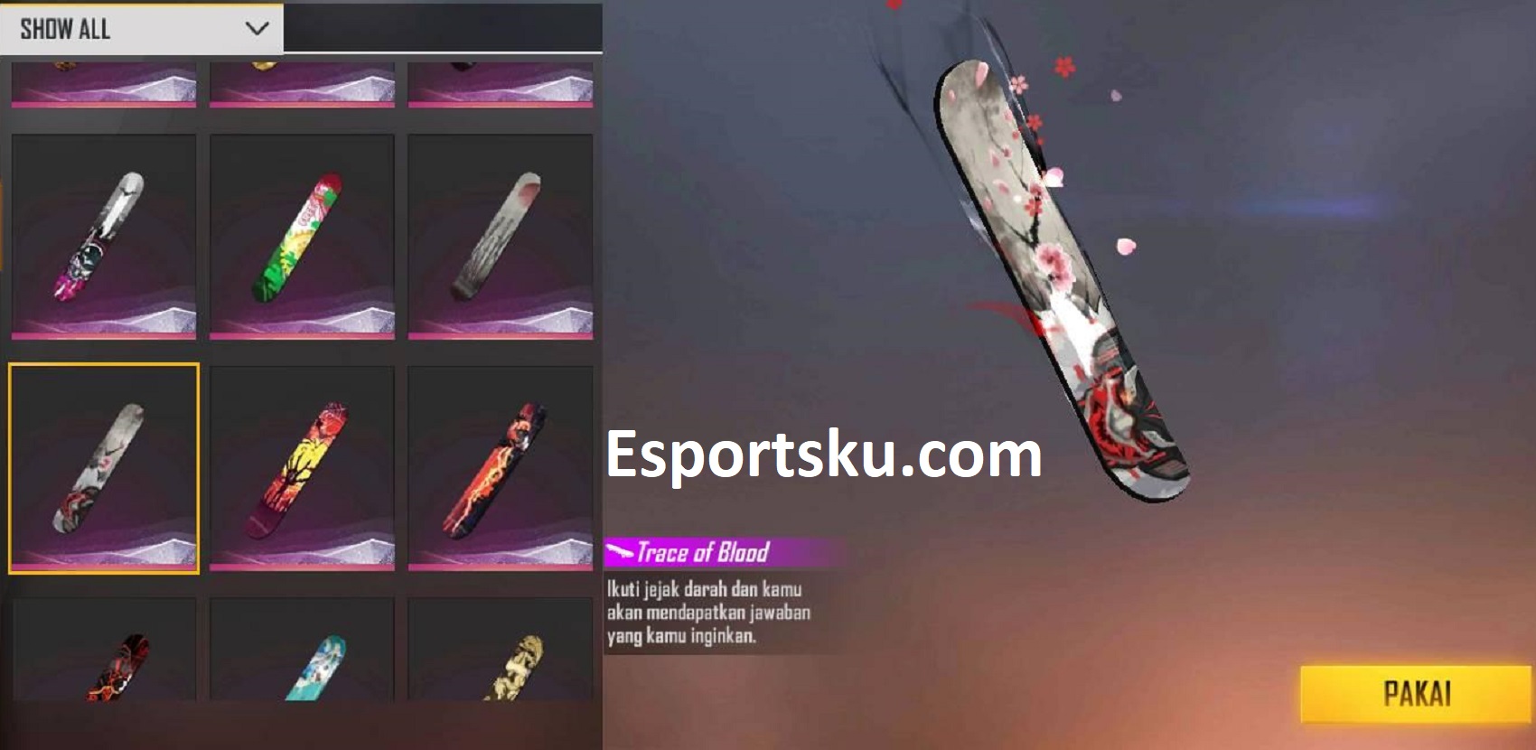 Cara Mendapatkan Skin Surfboard Trace Of Blood Free Fire FF Esportsku