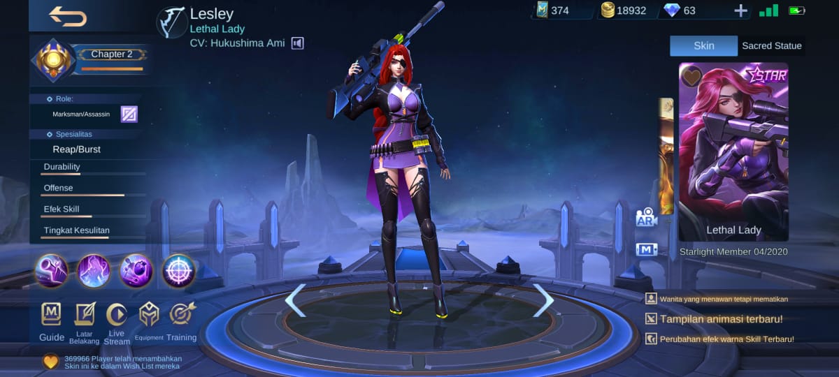 Harga Skin Lesley Lethal Lady Starlight Mobile Legends (ML)