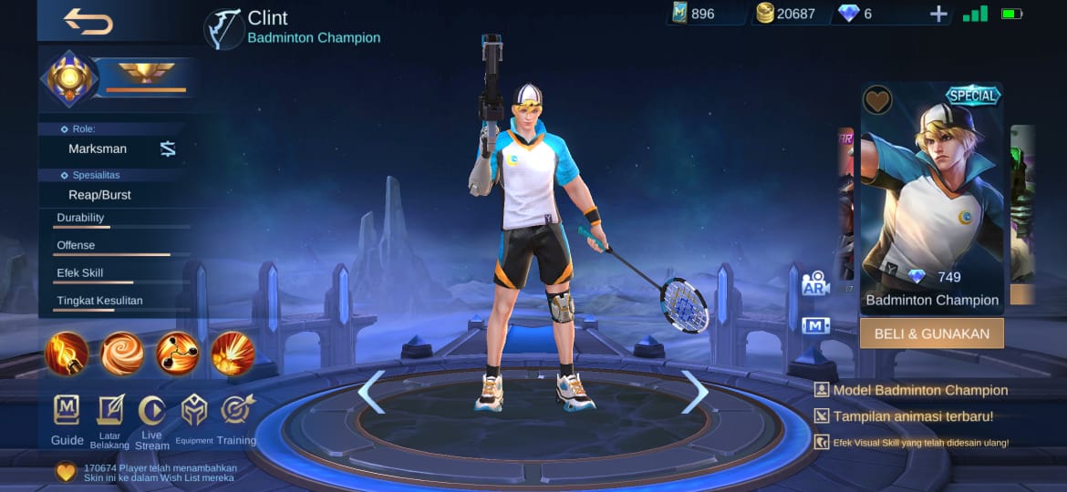 Harga Skin Clint Badminton Champion Special Mobile Legends (ML)
