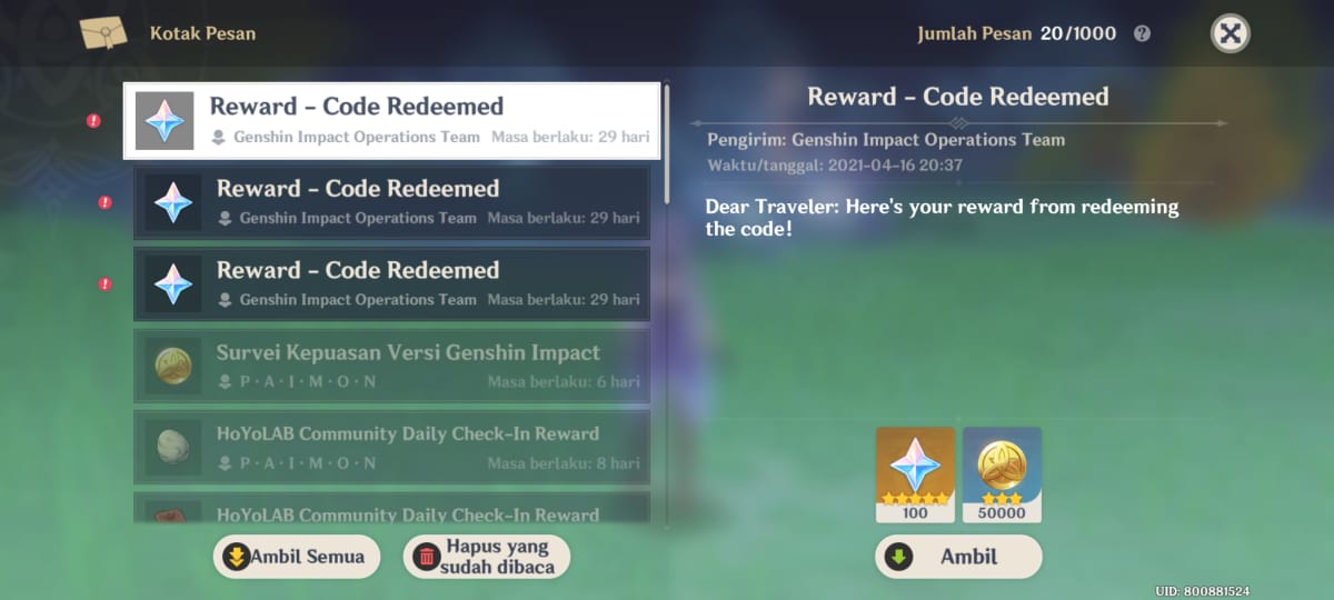 Kode Redeem Genshin Impact 1.5, 300 Primogems Gratis!
