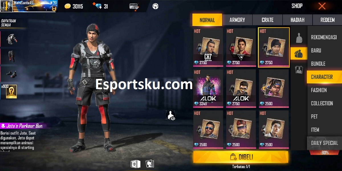 Berapa Harga Skin Jota Free Fire (FF) Ala Esportsku