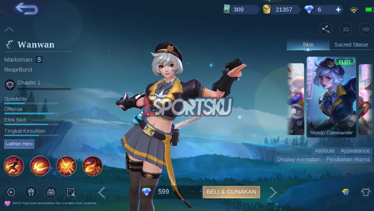Harga Skin Wanwan Shoujo Commander Elite Mobile Legends (ML)