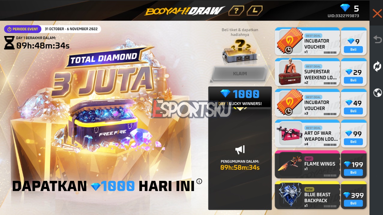 Gratis 1000 Diamond di Event Booyahdraw Free Fire (FF)