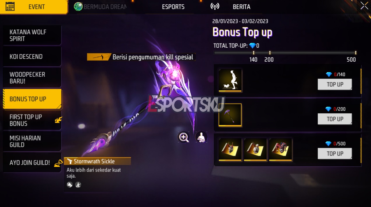Cara Dapatkan Skin Scythe Stormwrath Sickle Free Fire (FF)