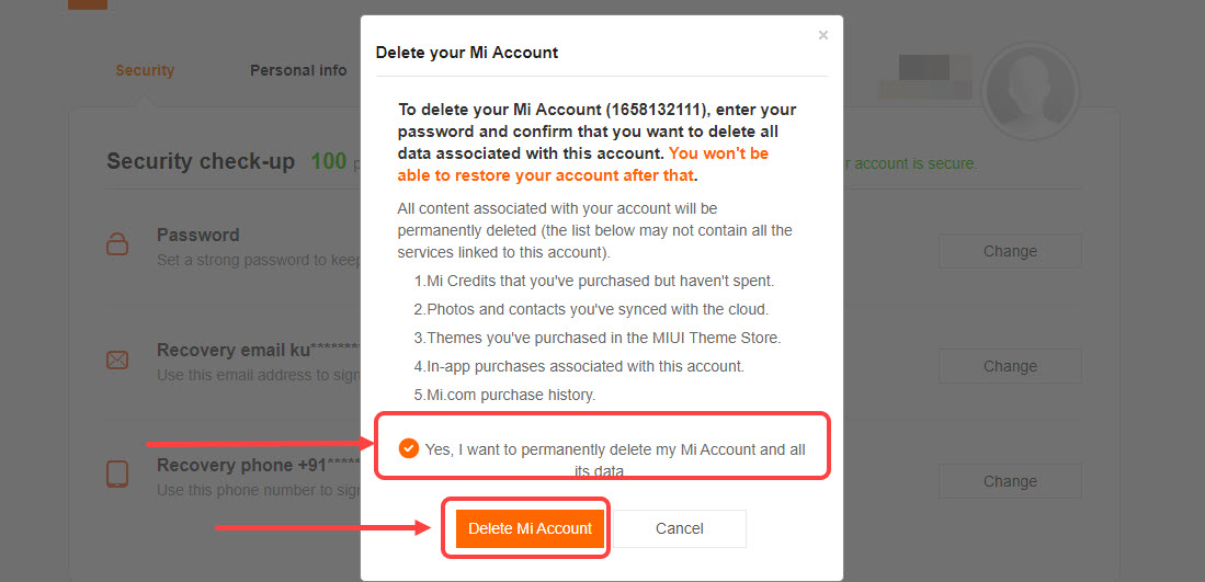 Deleting Mi Account Permanently through the Official Page.