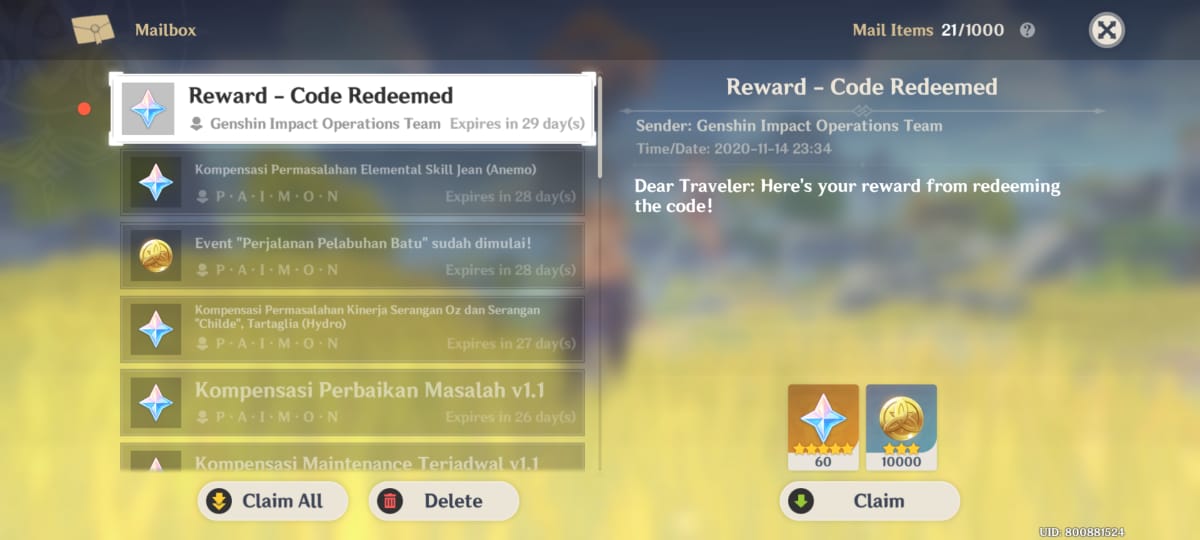 Kode Redeem Genshin Impact Terbaru 15 November 2020 – Esportsku