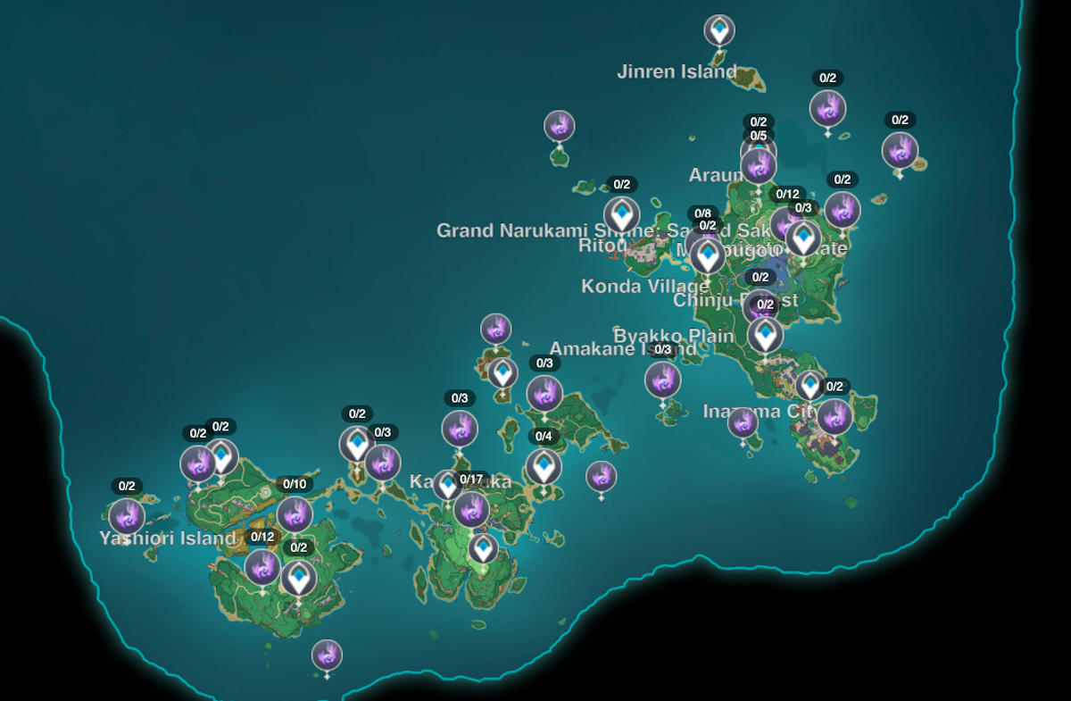Карта сундуков в геншине. Карта Инадзумы Геншин. Остров Ватацуми Геншин Импакт на карте. Клен Геншин Импакт Инадзума. Инадзума Геншин Импакт карта.