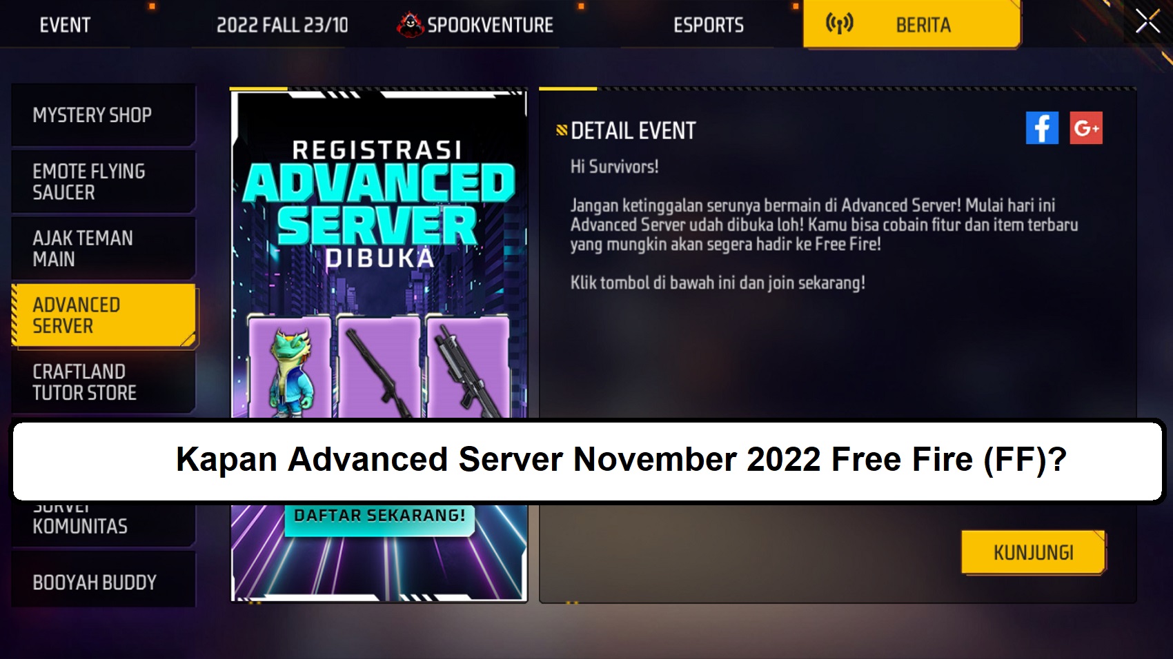 Kapan Advanced Server November 2022 Free Fire (FF)? Esportsku