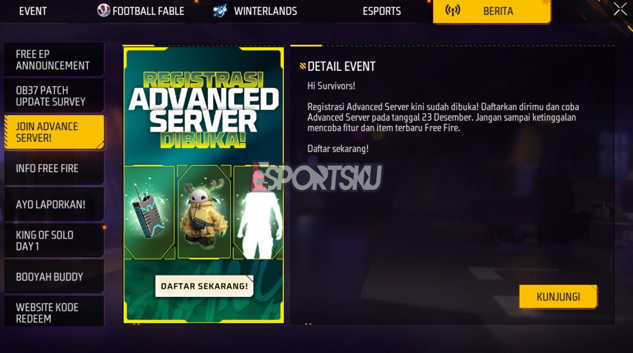Daftar Advance Server Desember 2022 Free Fire (FF) Esportsku