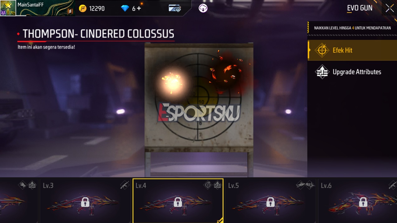 7 Level Evolution Gun Thompson FF, Cindered Colossus Free Fire Esportsku