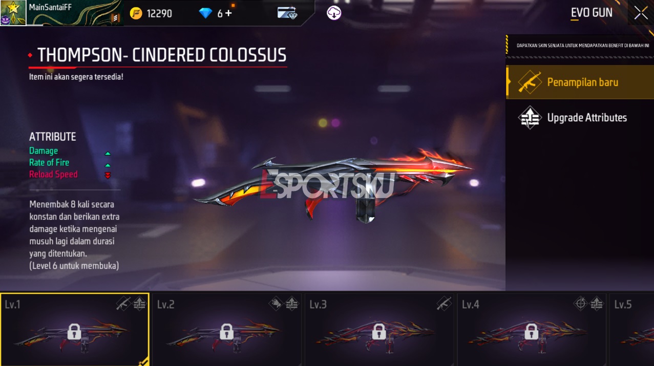 7 Level Evolution Gun Thompson FF, Cindered Colossus Free Fire Esportsku